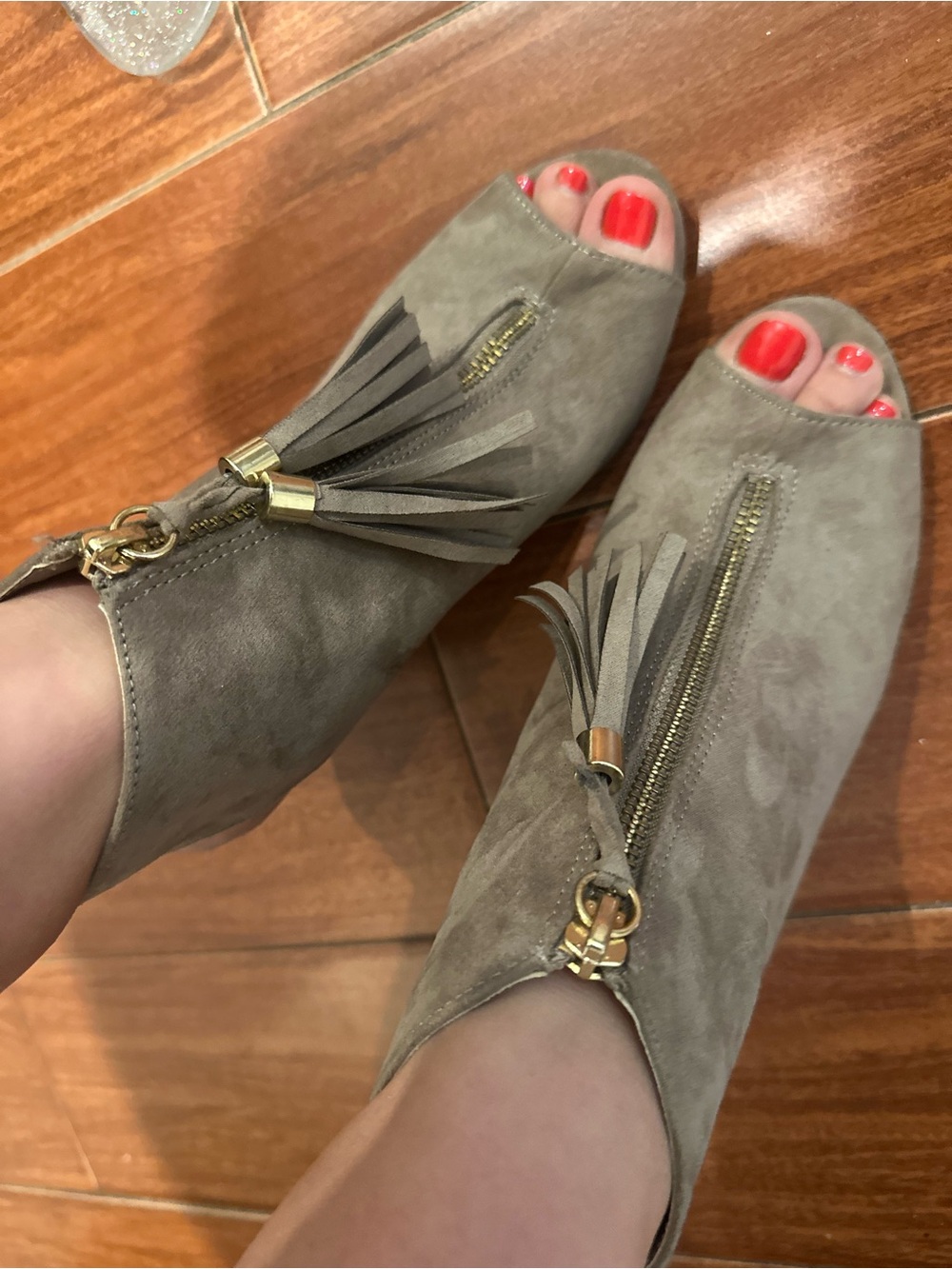 WW Taupe Peep Toe Tassel Heel Booties Size 6.5